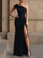 One-Shoulder Ruched High-Slit Evening Gown