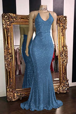 Hidais Glamorous Halter Neck Mermaid Sleeveless Red Long Prom Dress With Sequins