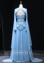 Flutter Sleeves Floor-Length Light Blue A-Line Evening Gowns with Pearls