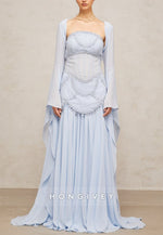 Flutter Sleeves Floor-Length Light Blue A-Line Evening Gowns with Pearls