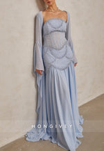 Flutter Sleeves Floor-Length Light Blue A-Line Evening Gowns with Pearls
