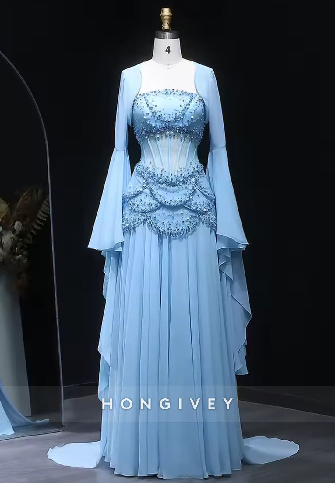 Flutter Sleeves Floor-Length Light Blue A-Line Evening Gowns with Pearls