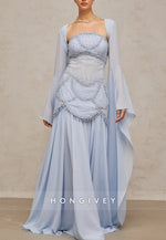 Flutter Sleeves Floor-Length Light Blue A-Line Evening Gowns with Pearls