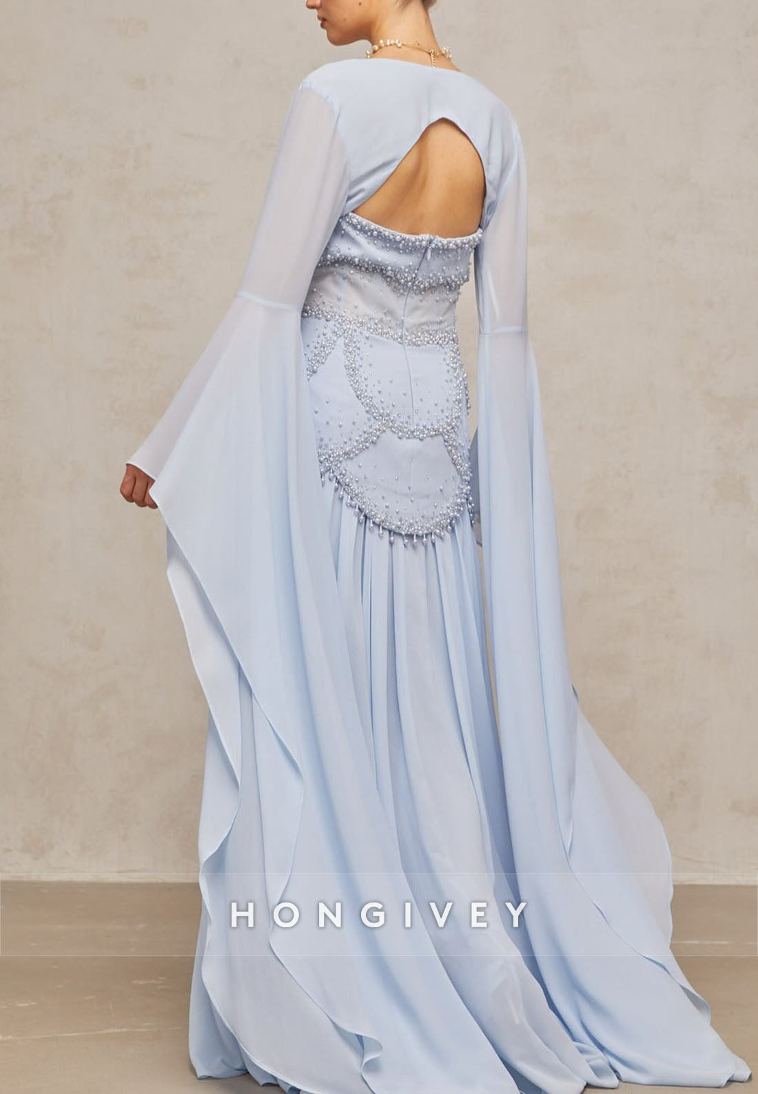 Flutter Sleeves Floor-Length Light Blue A-Line Evening Gowns with Pearls