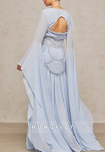 Flutter Sleeves Floor-Length Light Blue A-Line Evening Gowns with Pearls
