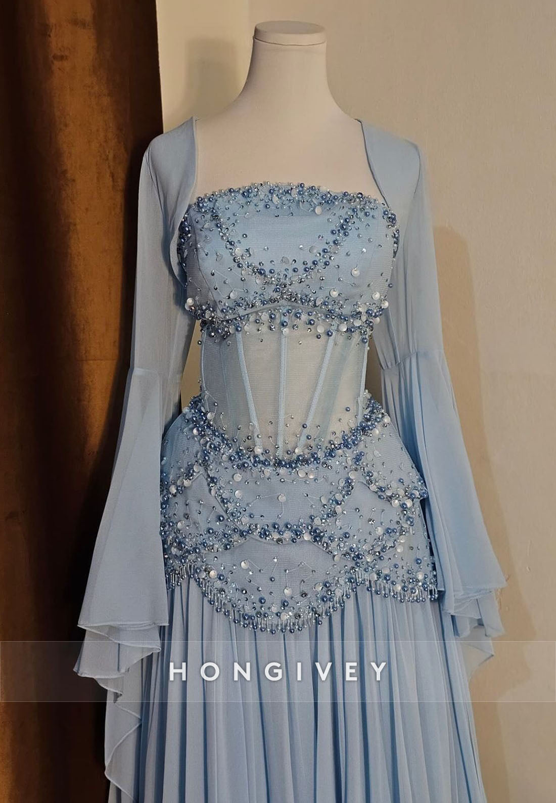 Flutter Sleeves Floor-Length Light Blue A-Line Evening Gowns with Pearls