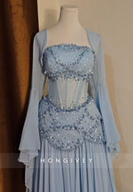 Flutter Sleeves Floor-Length Light Blue A-Line Evening Gowns with Pearls