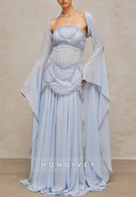 Flutter Sleeves Floor-Length Light Blue A-Line Evening Gowns with Pearls