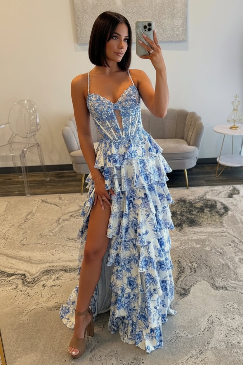 Cute A Line V Neck Flower Print Satin Prom Dress with Beading As Picture