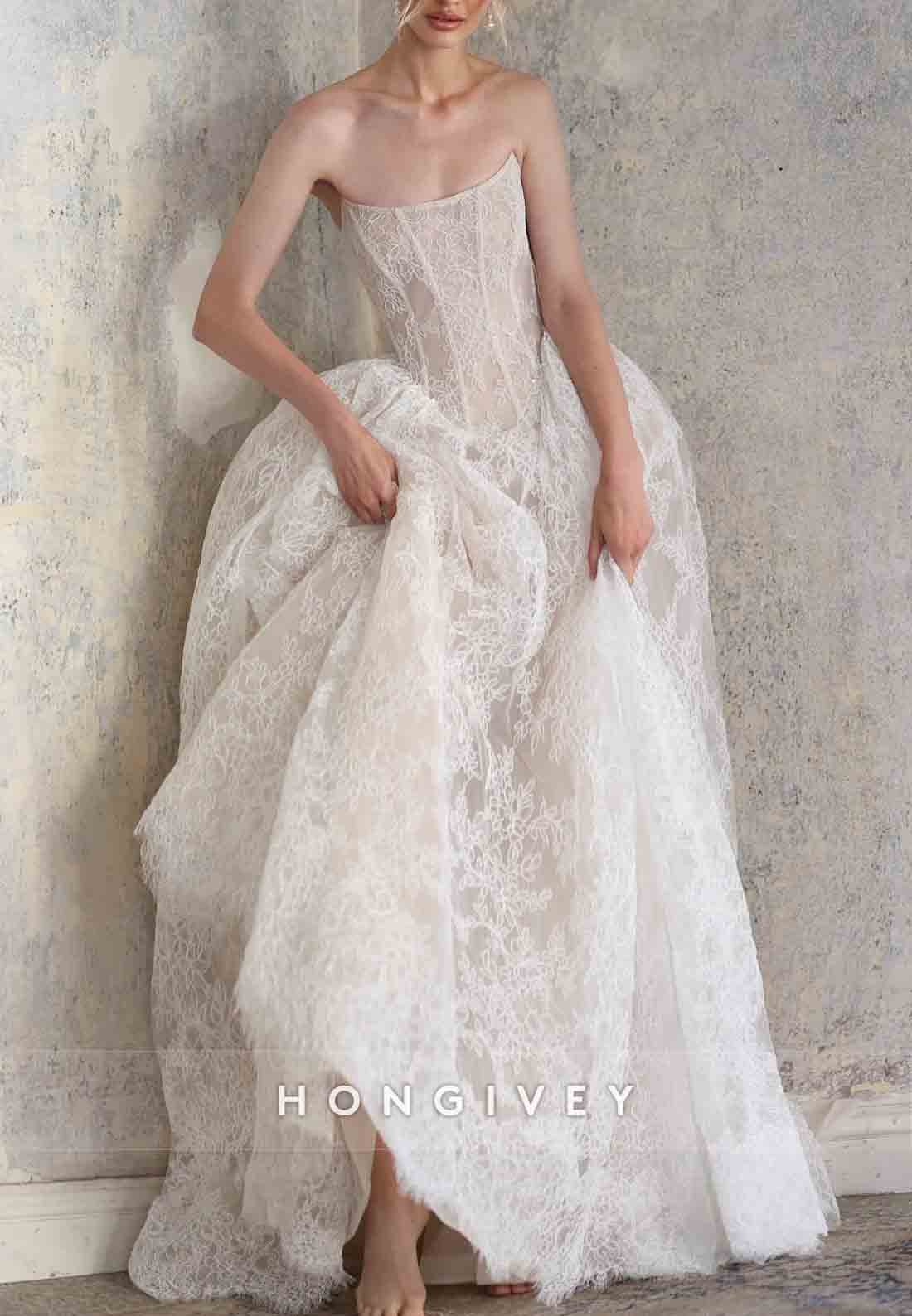 Strapless Lace Princess Court Train Bridal Gown Empire Wedding Dresses