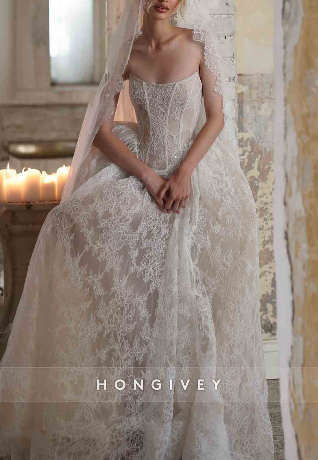 Strapless Lace Princess Court Train Bridal Gown Empire Wedding Dresses