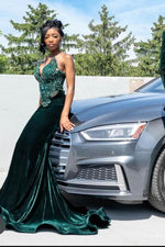 Dark Green Beaded Mermaid Fit Floor length Prom Dresses