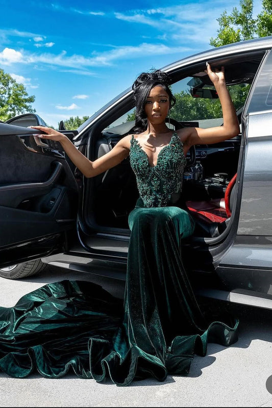 Dark Green Beaded Mermaid Fit Floor length Prom Dresses