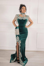 Dark Green Velvet Evening Dress High Neck Side Split Prom Dress with Train