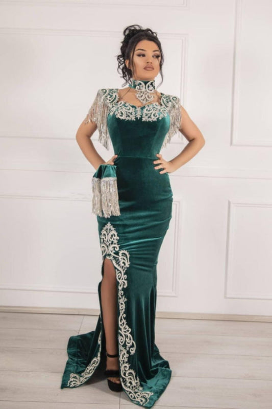 Dark Green Velvet Evening Dress High Neck Side Split Prom Dress with Train