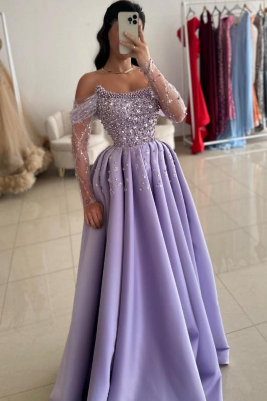 Dazzling Off-the-Shoulder Beaded Sequins Satin A-Line Prom Dress