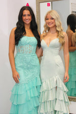 Mermaid V Neck Light Mint Sequins Ruffle Tiered Long Prom Dresses with Side Slit