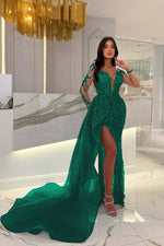 Shiny Blue Split Long Sleeves Mermaid Beaded Prom Dress Appliques Tulle