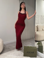 Sexy Red Halter Beaded Sequins Sparkle Sleeveless Mermaid Ankle-Length Evening Dress