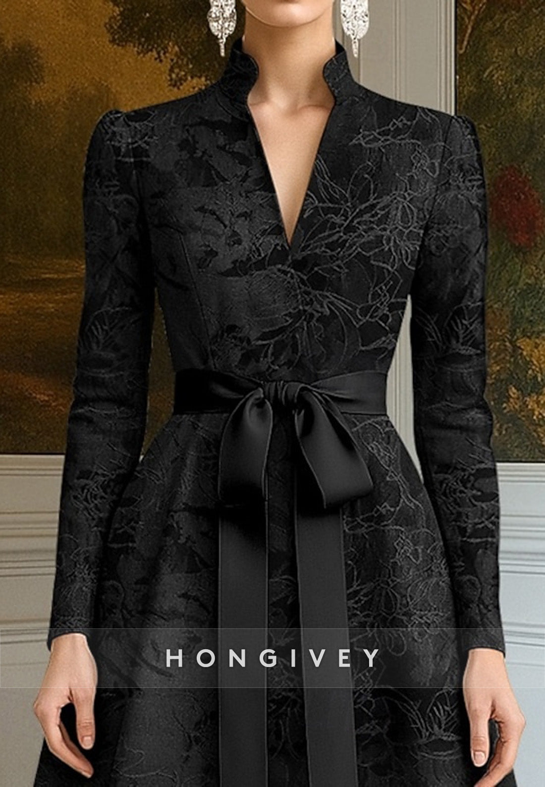 A-Line Evening Gown Long Sleeve V Neck Ankle-Length with Bowknot Mother of the Bride Dress