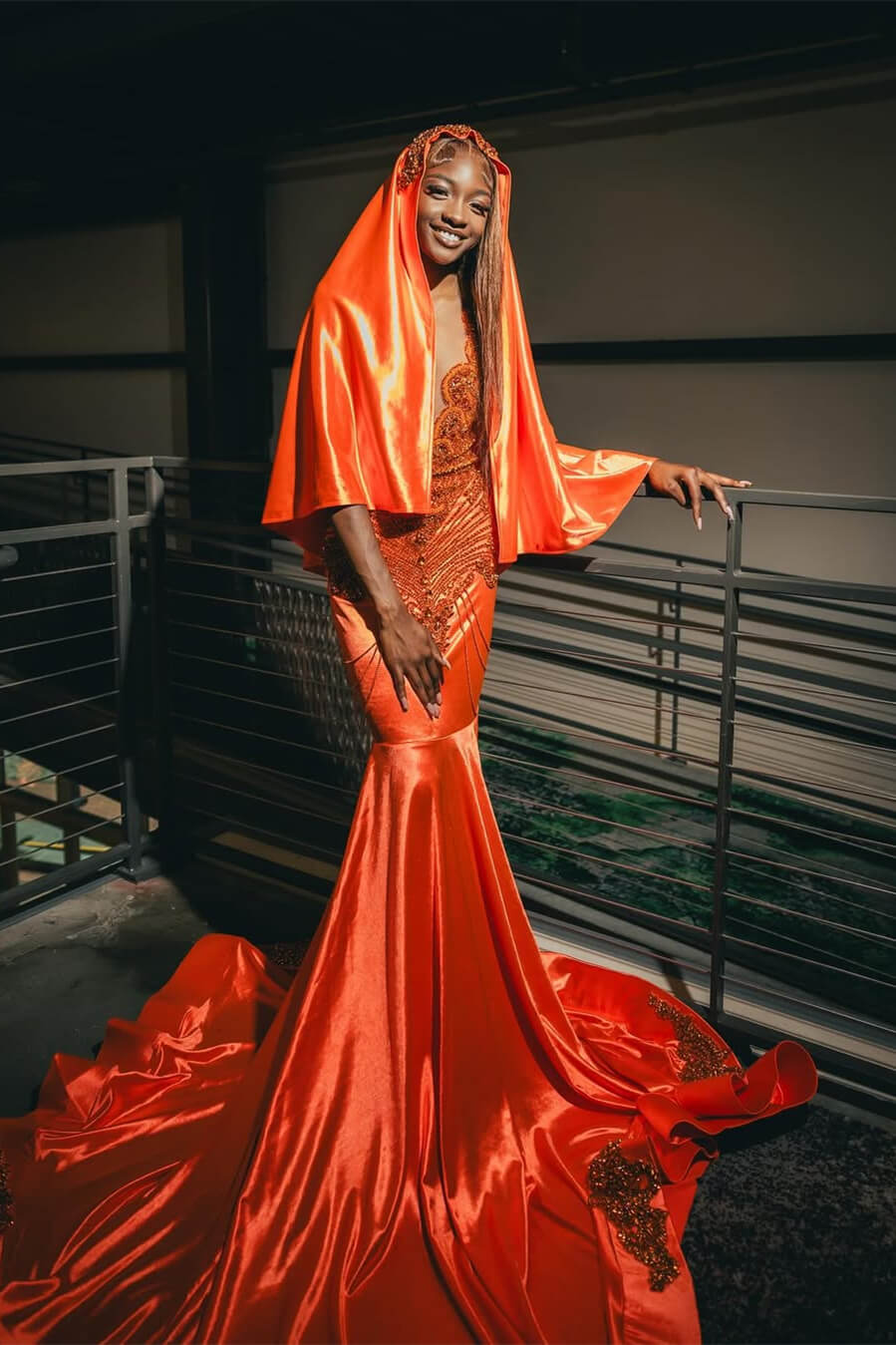 Modern Orange Sleeveless Mermaid Prom Dress With Beadings On Sale