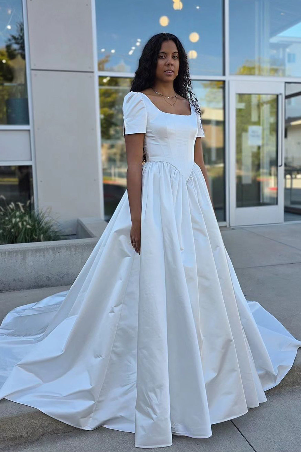 Ball Gown V Neck Ruffled Sleeves Satin Wedding Dresses