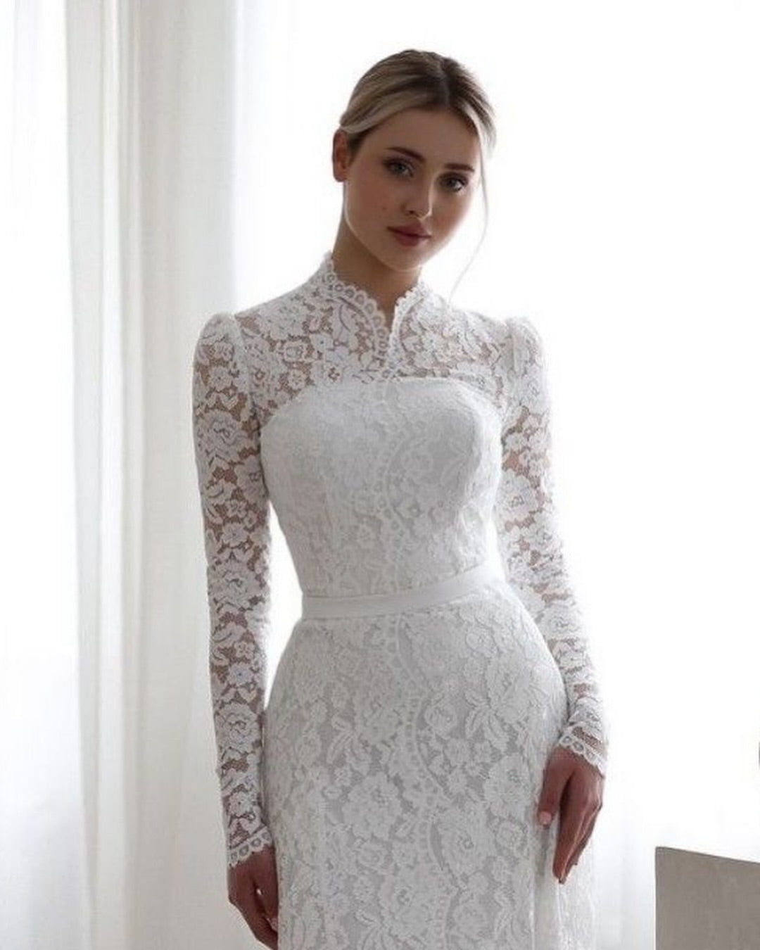 Long Sleeves White High Neck Lace Mermaid Wedding Dress With Embroidery