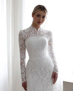 Long Sleeves White High Neck Lace Mermaid Wedding Dress With Embroidery