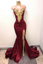 Hidais Mermaid Burgundy Deep V Neck Sleeveless Prom Dress Split With Lace Appliques