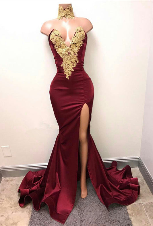 Hidais Mermaid Burgundy Deep V Neck Sleeveless Prom Dress Split With Lace Appliques