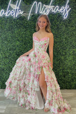 A Line Sweetheart Floral Chiffon Tiered Long Prom Dress with Slit