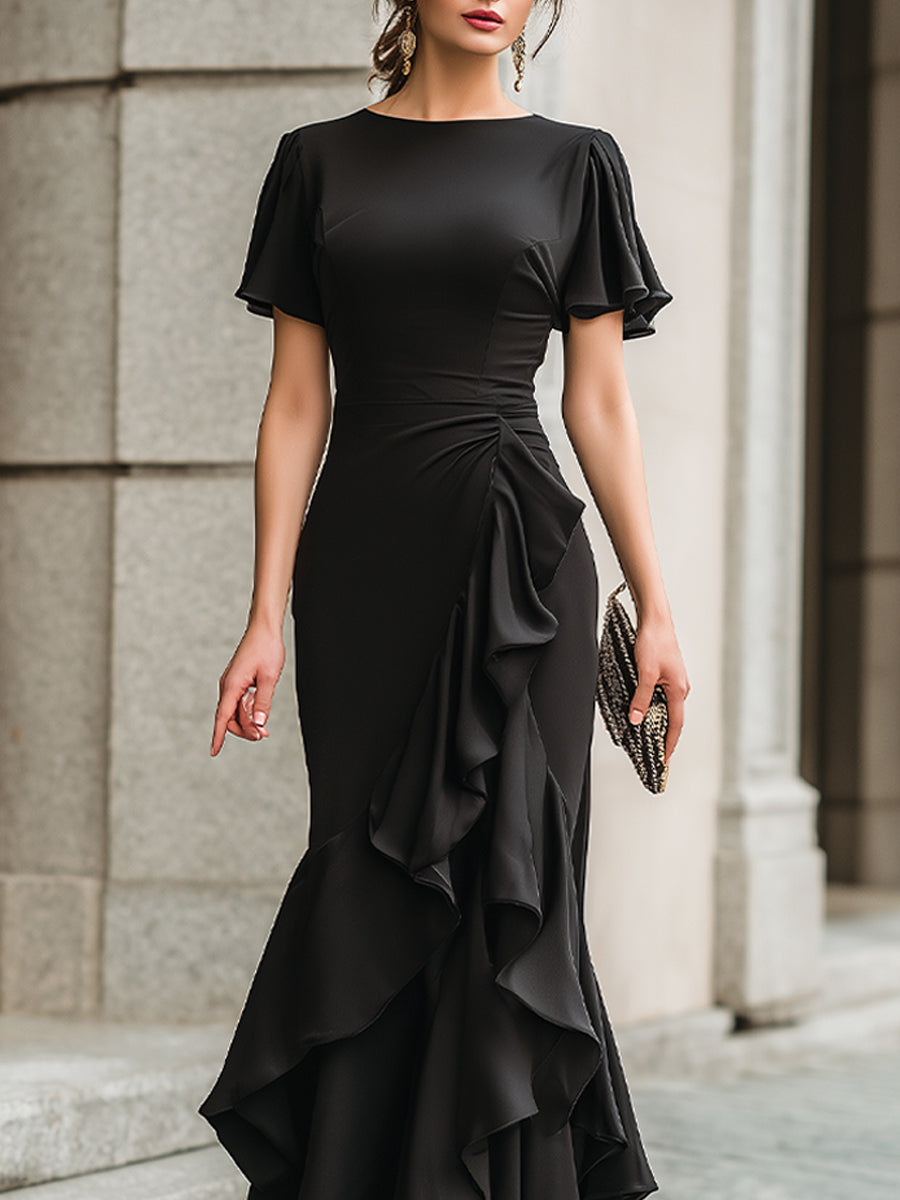Flutter Sleeve Ruffled Evening Gown
