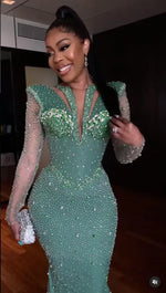 Hidais Shinning Applique Long Sleeves Green Mermaid Floor Length Prom Dress