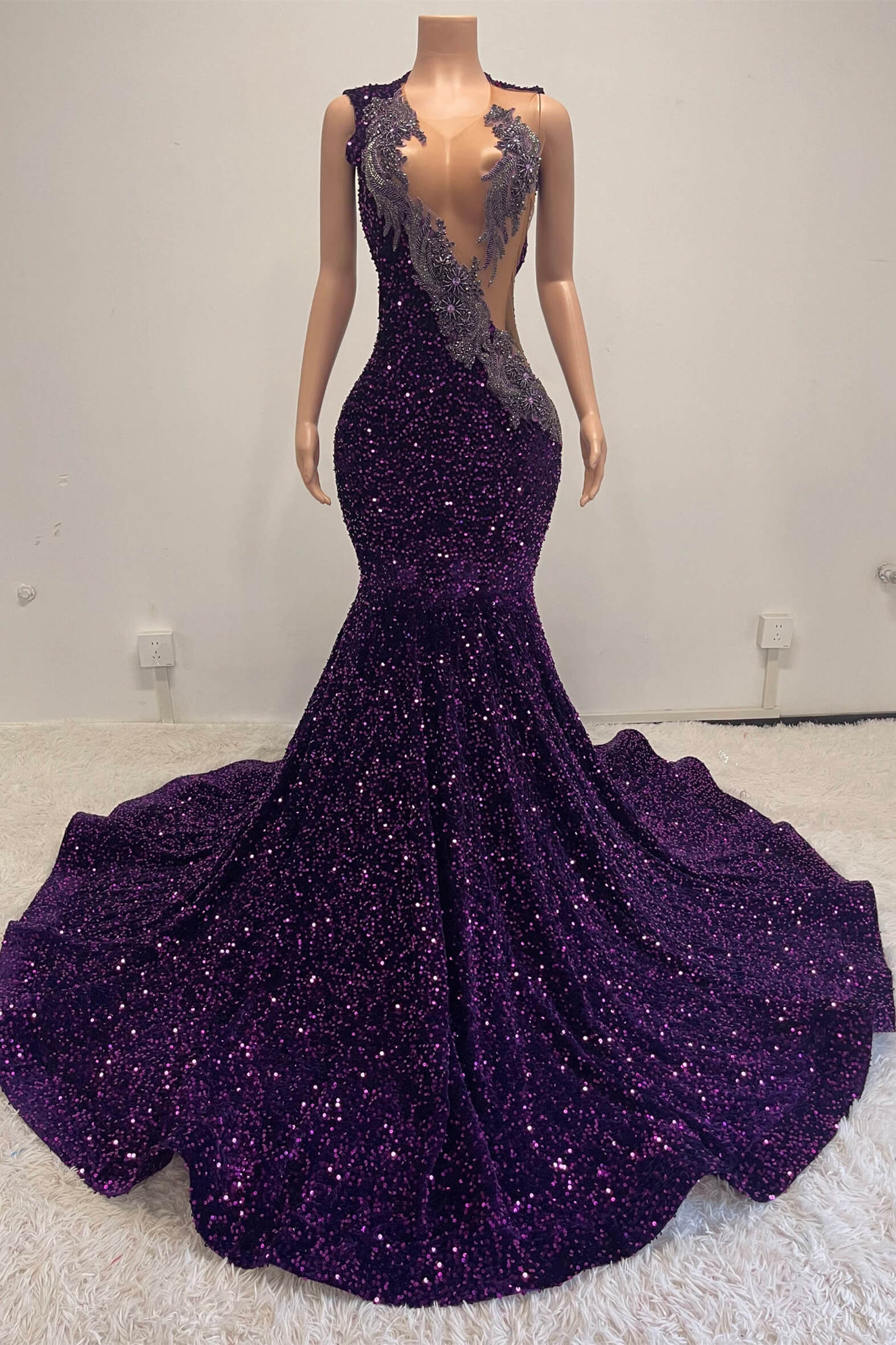 Purple Scoop Sleeveless Sequins Mermaid Prom Dress With Beadings