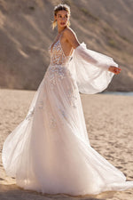 Spaghetti-Straps V-Neck A-Line Tulle Wedding Dresses Lace Appliques With Detachable Sleeves
