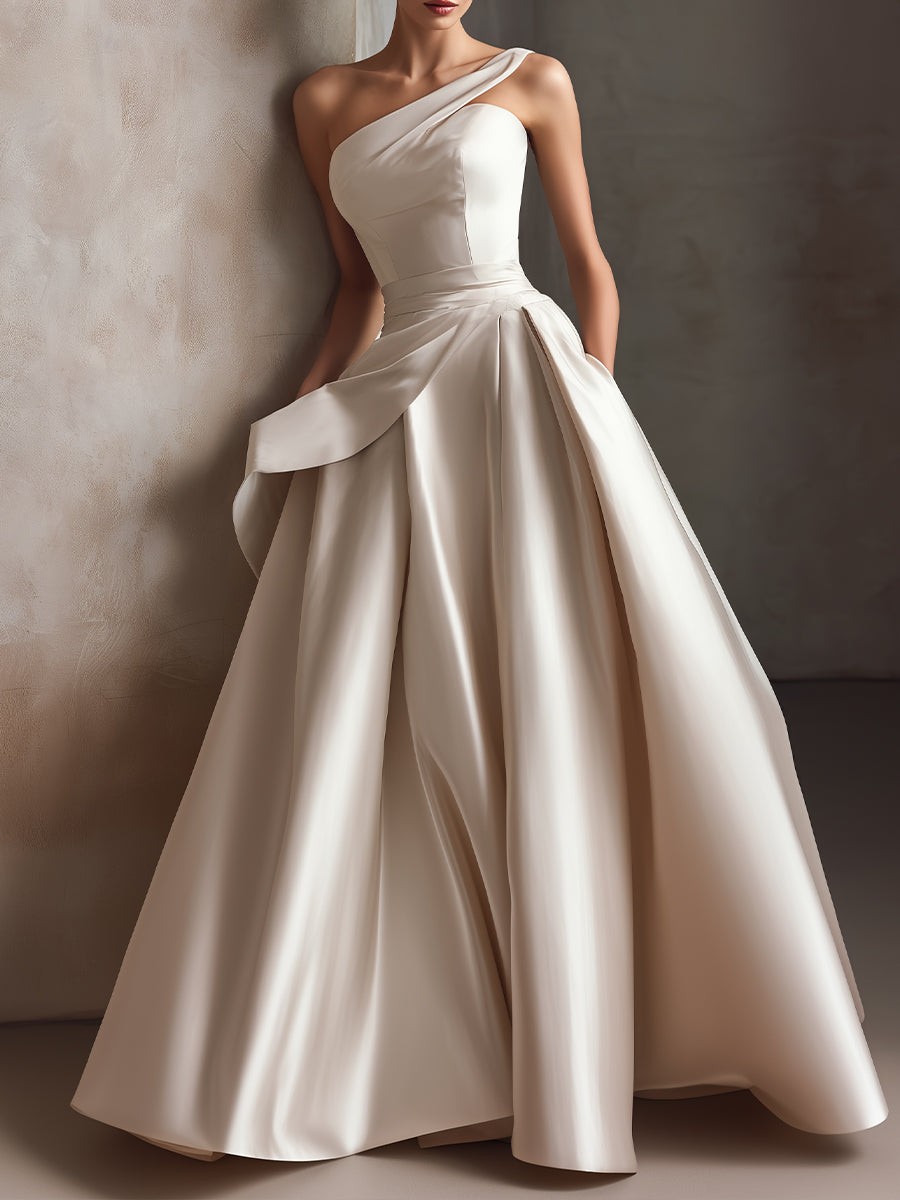 One-Shoulder Sculpted Pleated Ball Evening Dress