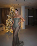 Red Tulle Strapless Sleeveless Long Mermaid Prom Dress With Sequins And Corset