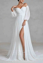 Off the Shoulder Lantern Sleeves Chiffon A-Line Wedding Dress with High Slit