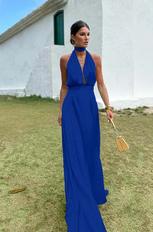 Charming Sleeveless Halter V Neck Long Prom Dress With Pleated