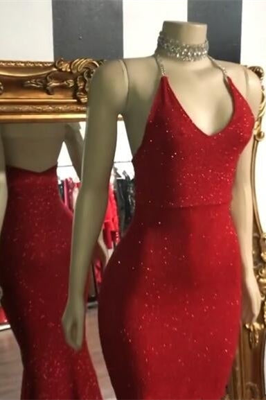 Hidais Glamorous Halter Neck Mermaid Sleeveless Red Long Prom Dress With Sequins