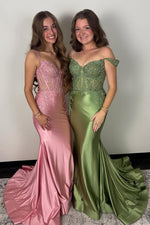 Charming Mermaid Off the Shoulder Blush Satin Prom Dress with Appliques