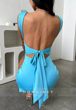 Regular Straps Square Neck Sheath Open Back Mini Homecoming Dress with Slit