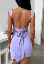 Regular Straps Square Neck Sheath Open Back Mini Homecoming Dress with Slit