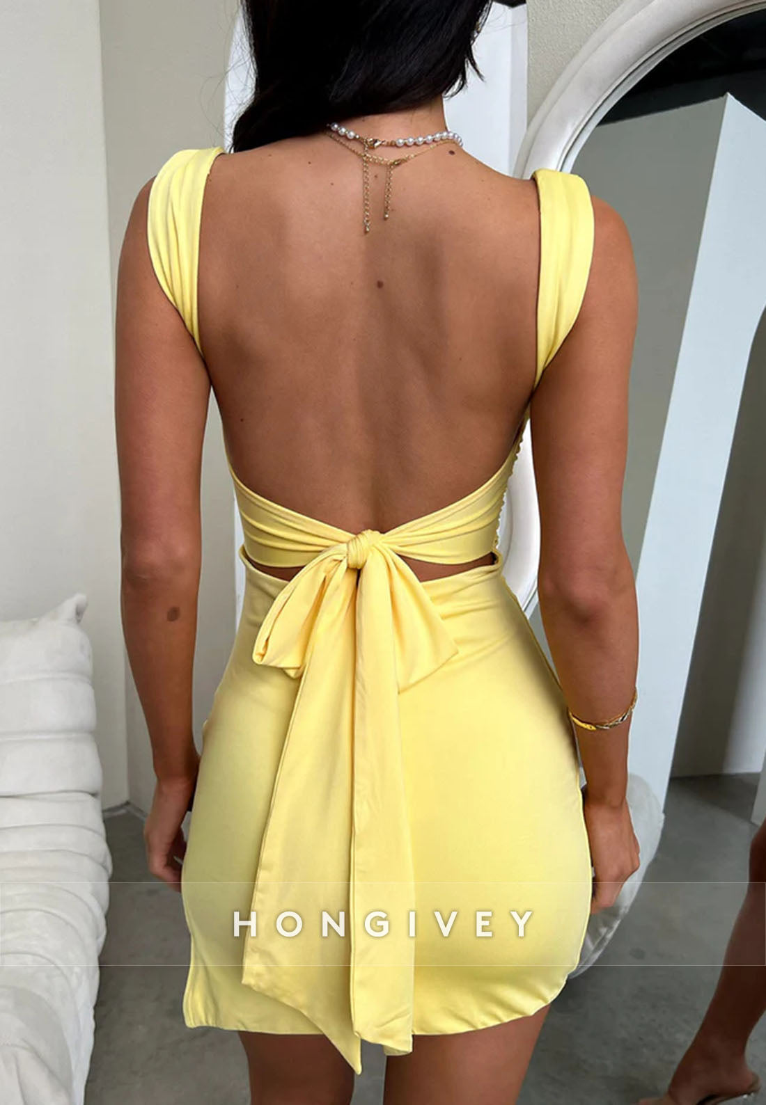 Regular Straps Square Neck Sheath Open Back Mini Homecoming Dress with Slit