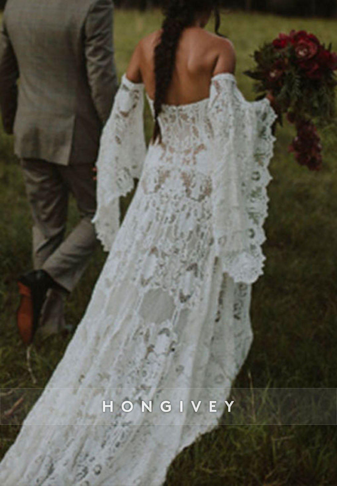 Off the Shoulder Flutter Sleeves A-Line Sweetheart Lace Wedding Dresses