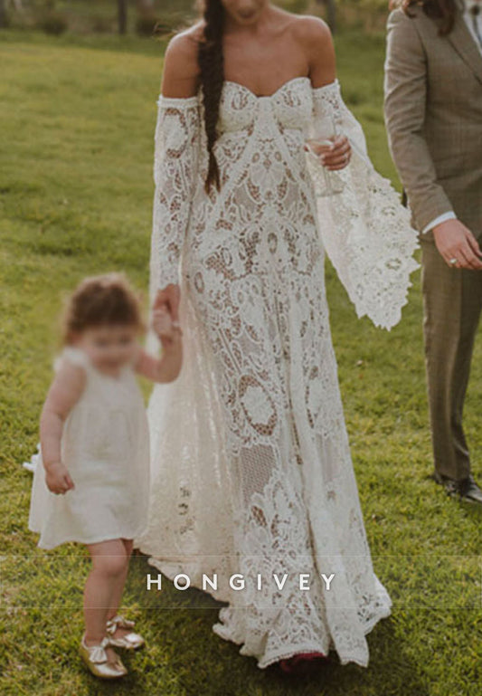 Off the Shoulder Flutter Sleeves A-Line Sweetheart Lace Wedding Dresses