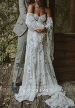 Off the Shoulder Flutter Sleeves A-Line Sweetheart Lace Wedding Dresses