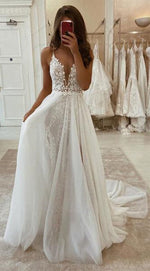 Deep V Neck Ivory Lace Long Wedding Dresses White Lace Dresses with High Split