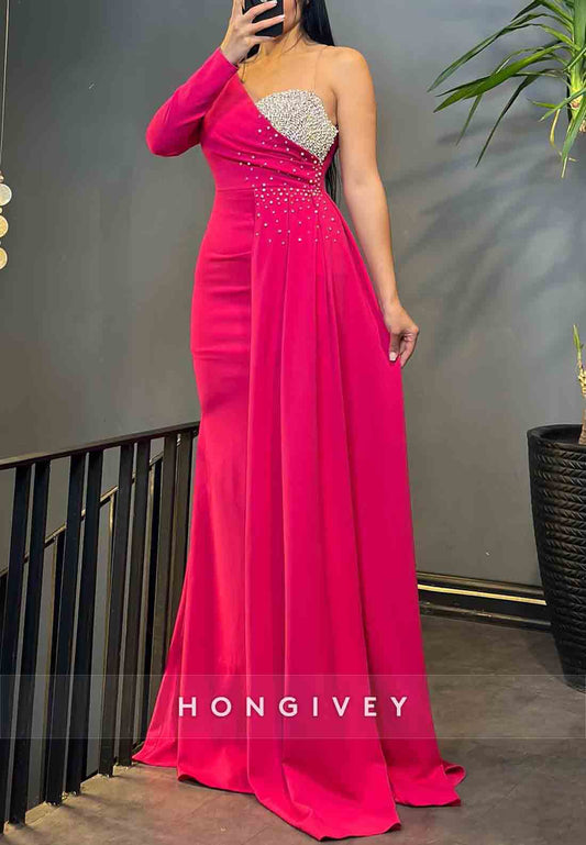 Side Draping One Shoulder Trumpet Beading Floor-Length Evening Gowns