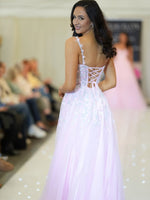 Spaghetti Straps Applique Sleeveless Tulle A-Line Side Slit Prom Dress